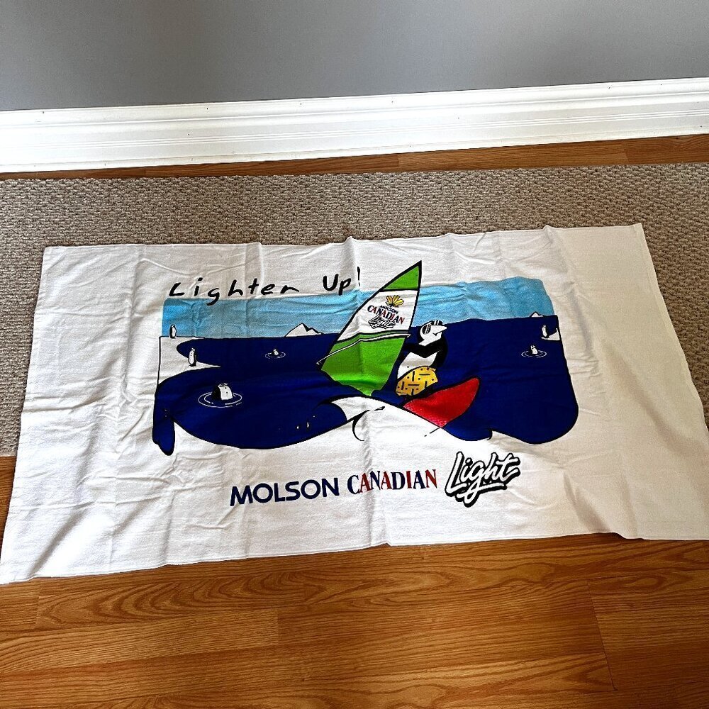 Molson Canadian Light Beer Beach Towel "Lighten Up" Penguin Surfer